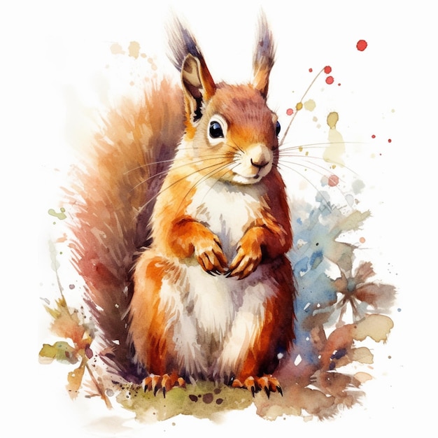 There is a watercolor painting of a squirrel sitting on the ground generative ai