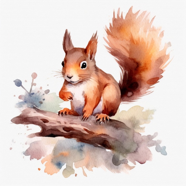 There is a watercolor painting of a squirrel sitting on a tree branch generative ai