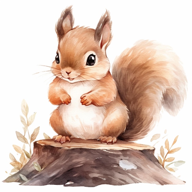 there is a watercolor painting of a squirrel sitting on a tree stump generative ai