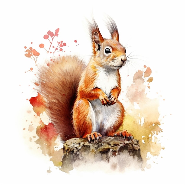 There is a watercolor painting of a squirrel sitting on a tree stump generative ai