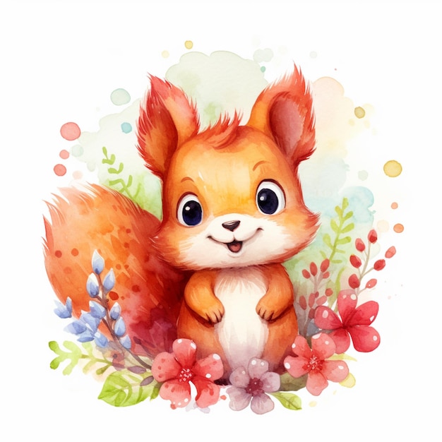 There is a watercolor painting of a squirrel with flowers generative ai