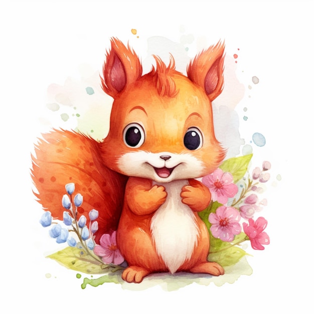 There is a watercolor painting of a squirrel with flowers generative ai