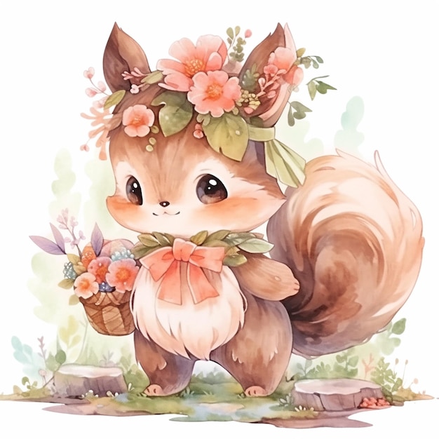 there is a watercolor painting of a squirrel with flowers on its head generative ai