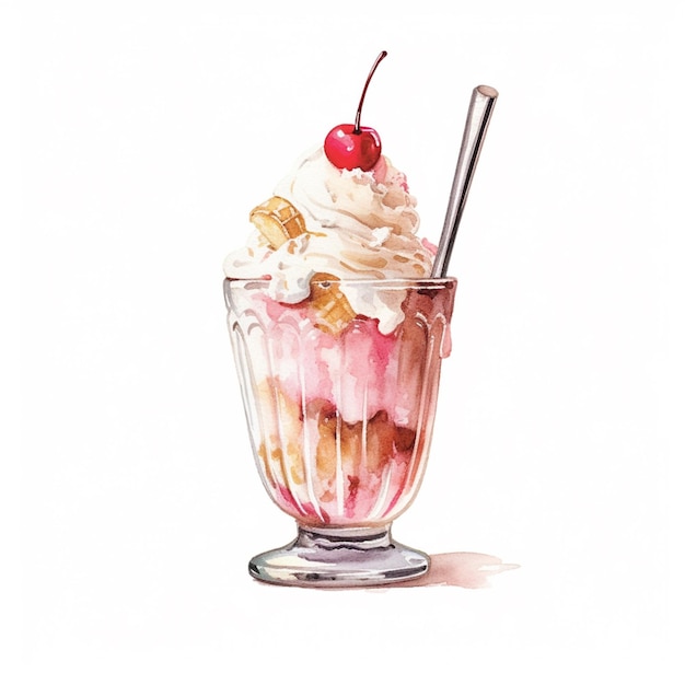 There is a watercolor painting of a sundae with a cherry on top generative ai