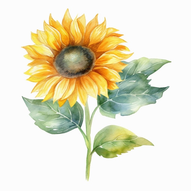 There is a watercolor painting of a sunflower with green leaves generative ai