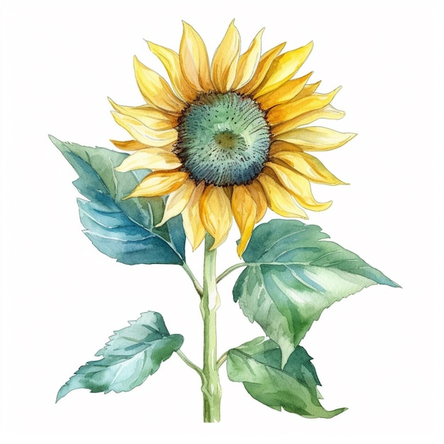 There is a watercolor painting of a sunflower with green leaves generative ai