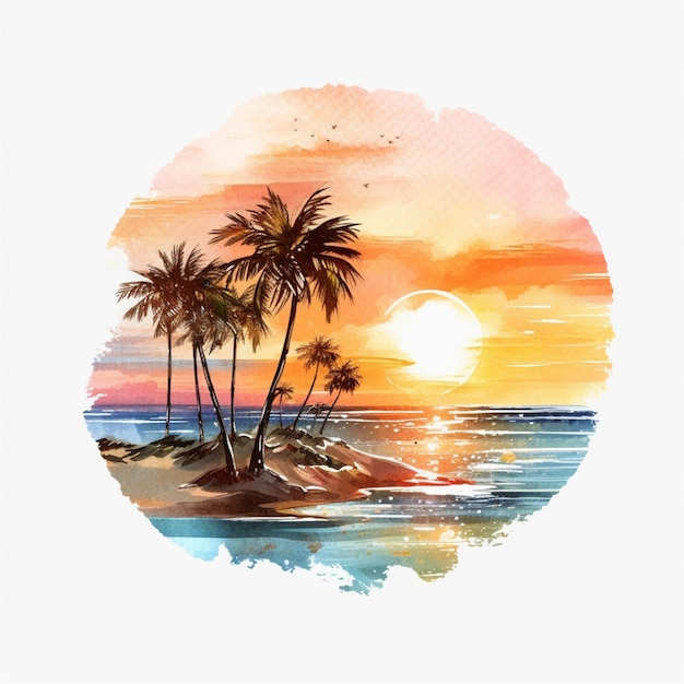 There is a watercolor painting of a sunset with palm trees generative ai