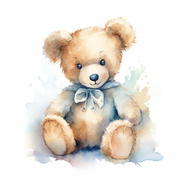 There is a watercolor painting of a teddy bear sitting on the ground generative ai