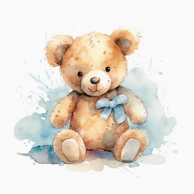 There is a watercolor painting of a teddy bear with a bow generative ai