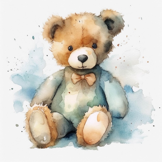 There is a watercolor painting of a teddy bear with a bow tie generative ai