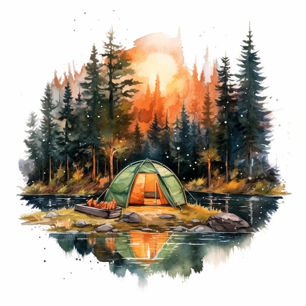 there is a watercolor painting of a tent and canoe on a lake generative ai