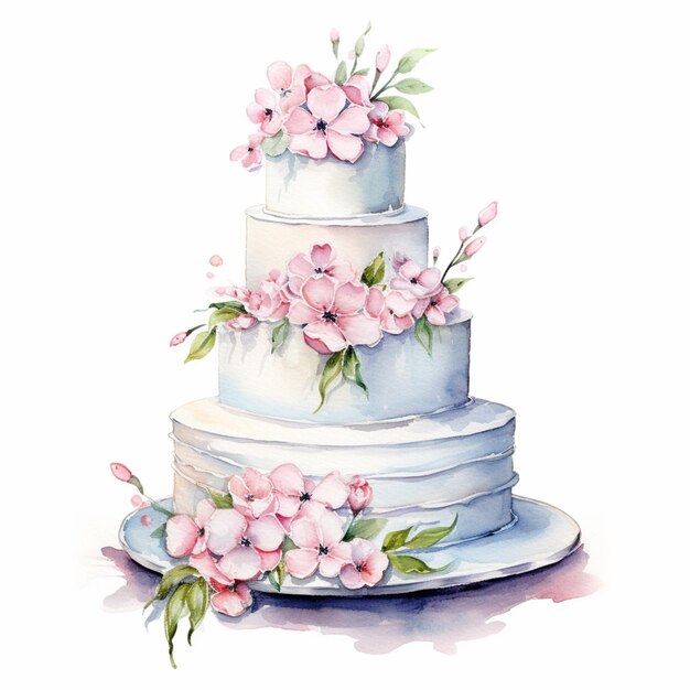 there is a watercolor painting of a three tiered cake with flowers generative ai