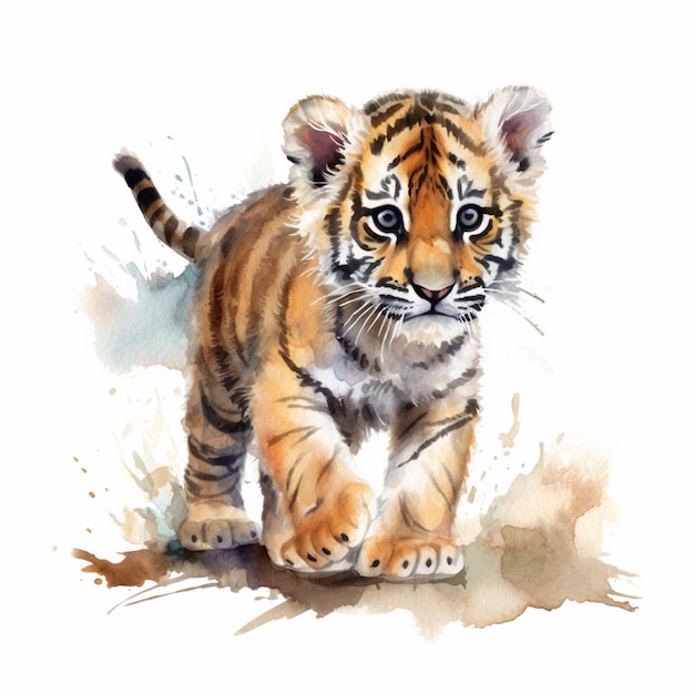 There is a watercolor painting of a tiger cub walking generative ai