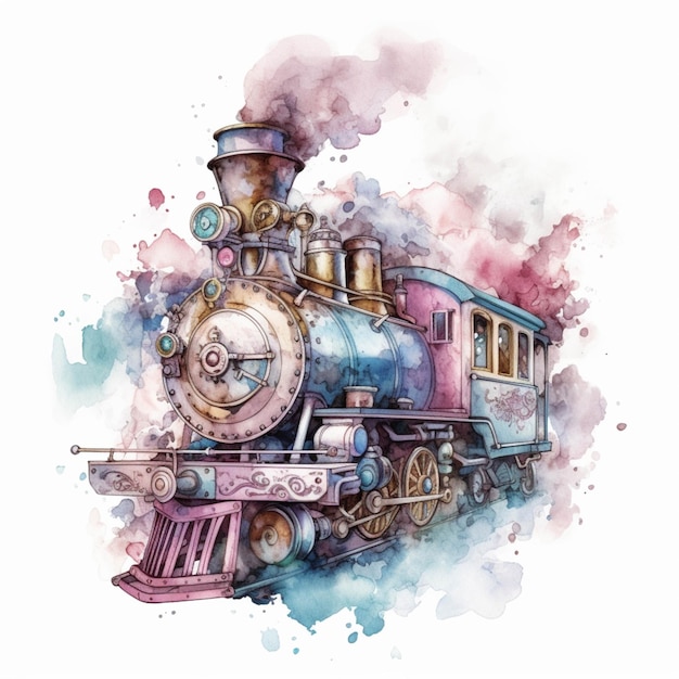 there is a watercolor painting of a train engine with smoke coming out of it generative ai