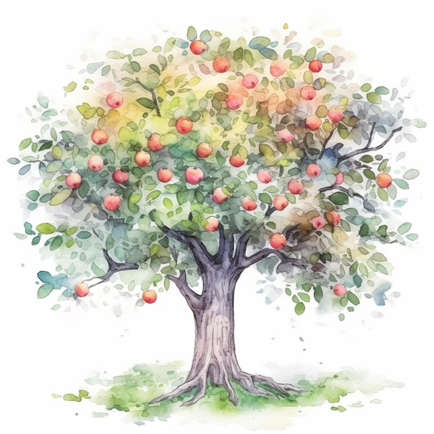 There is a watercolor painting of a tree with apples on it generative ai