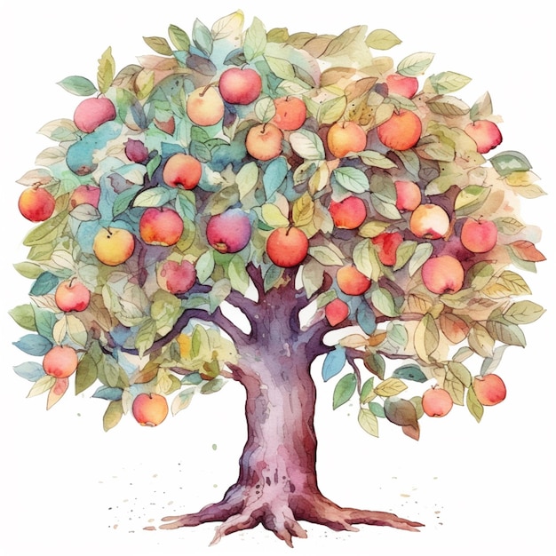 There is a watercolor painting of a tree with apples on it generative ai