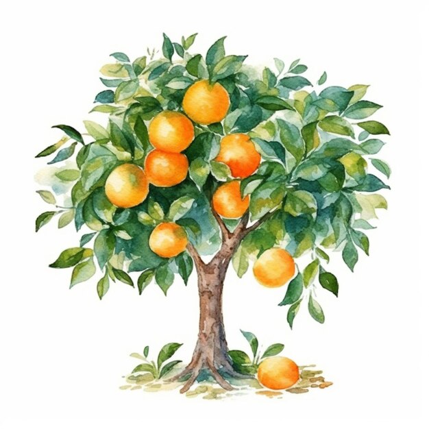 there is a watercolor painting of a tree with oranges on it generative ai