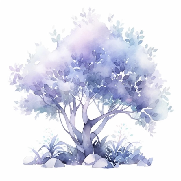 there is a watercolor painting of a tree with purple leaves generative ai