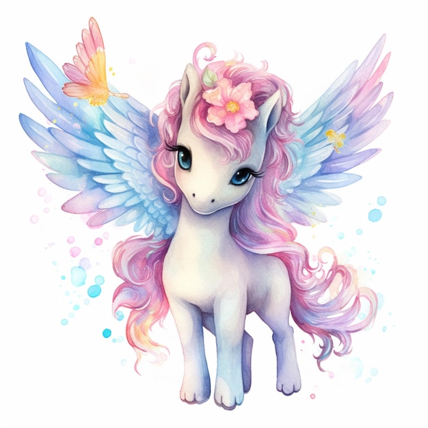 There is a watercolor painting of a unicorn with a butterfly on its head generative ai