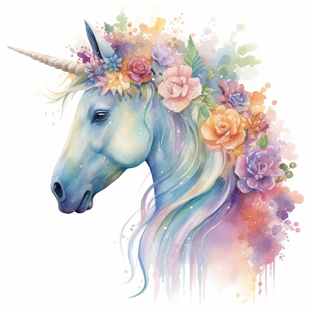 There is a watercolor painting of a unicorn with flowers on its head generative ai