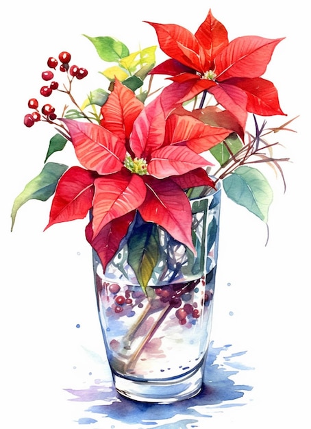 there is a watercolor painting of a vase with red flowers generative ai