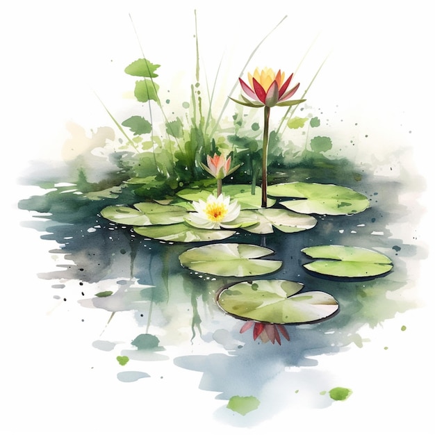 There is a watercolor painting of a water lily and some water lillies generative ai