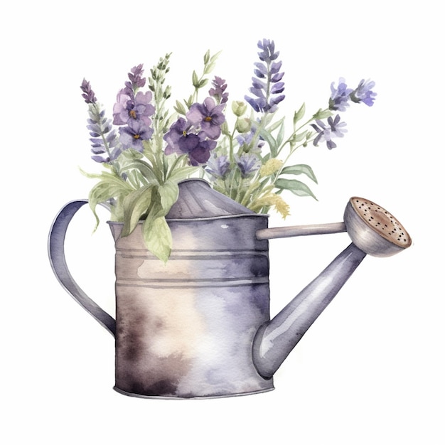 there is a watercolor painting of a watering can with flowers generative ai