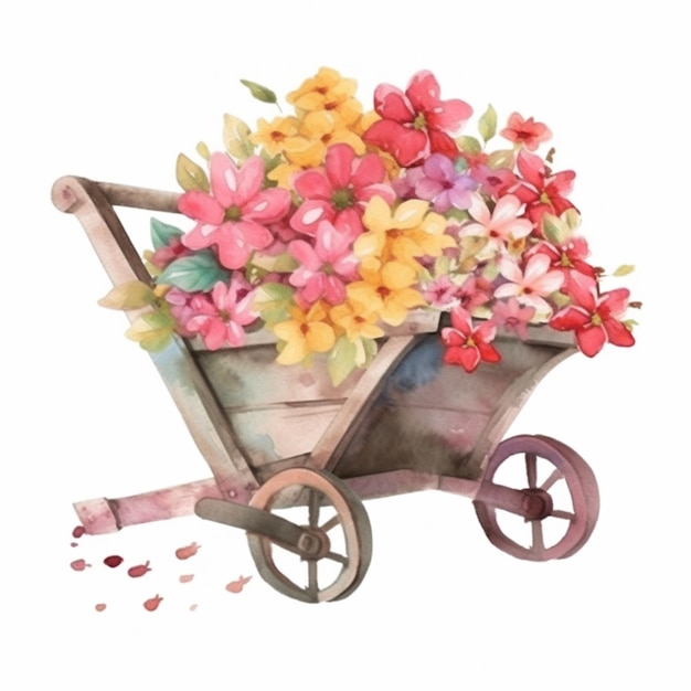 There is a watercolor painting of a wheelbarrow with flowers generative ai