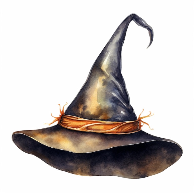 There is a watercolor painting of a witchs hat on a white background generative ai