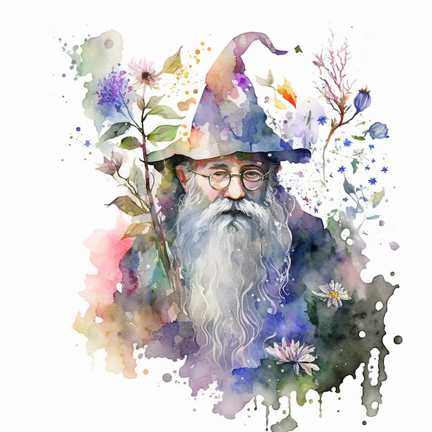 There is a watercolor painting of a wizard with a long beard generative ai