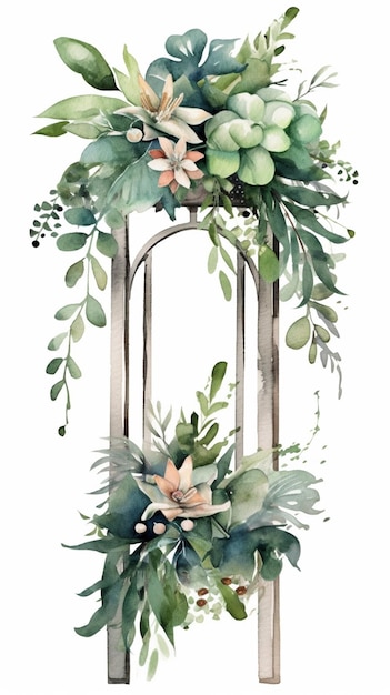 There is a watercolor painting of a wooden frame with flowers generative ai