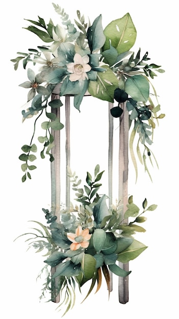 There is a watercolor painting of a wooden frame with flowers generative ai