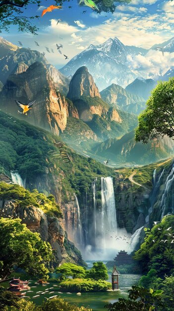 there is a waterfall in the middle of a mountain with a bird flying over it generative ai