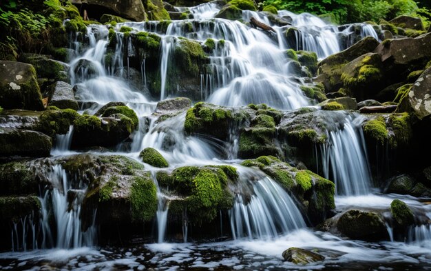 there is a waterfall that is flowing over rocks in the woods generative ai