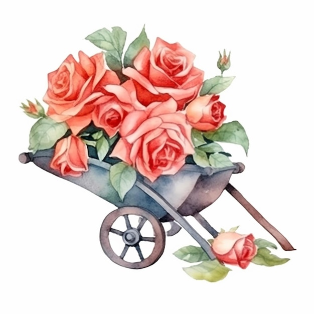 There is a wheelbarrow with roses in it and a wheelbarrow with leaves generative ai