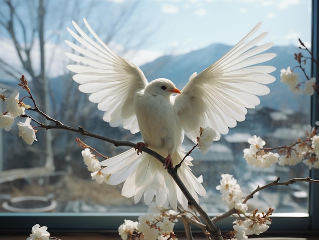 There is a white bird sitting on a branch with white flowers generative ai