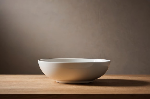 there is a white bowl sitting on a wooden table