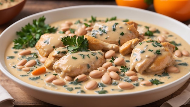 There is a white bowl on a table with three chicken legs in a creamy sauce with white beans and pars