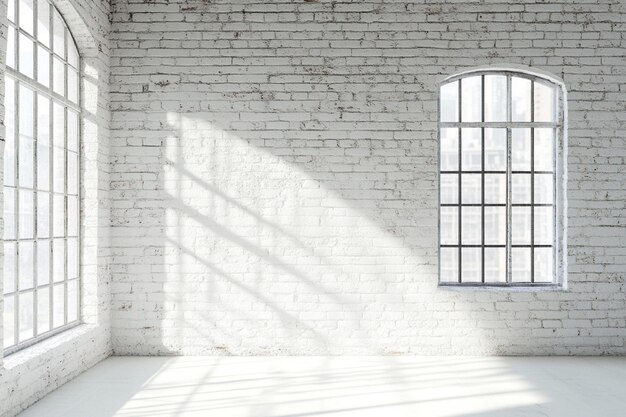 Photo there is a white brick wall with a window and a chair generative ai