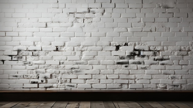 there is a white brick wall with a wooden floor and a wooden bench generative ai