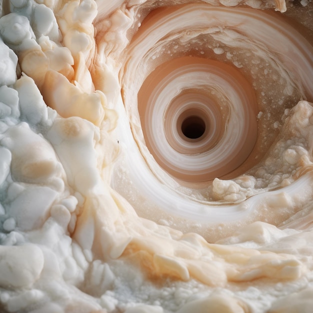 there is a white cake with a swirl of cream on it generative ai