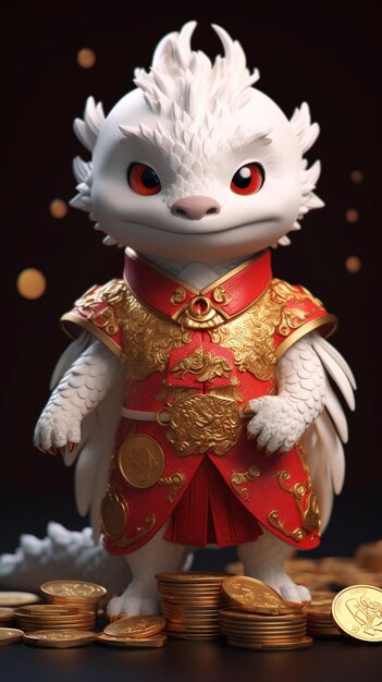 There is a white cat in a red and gold outfit standing on a pile of coins generative ai