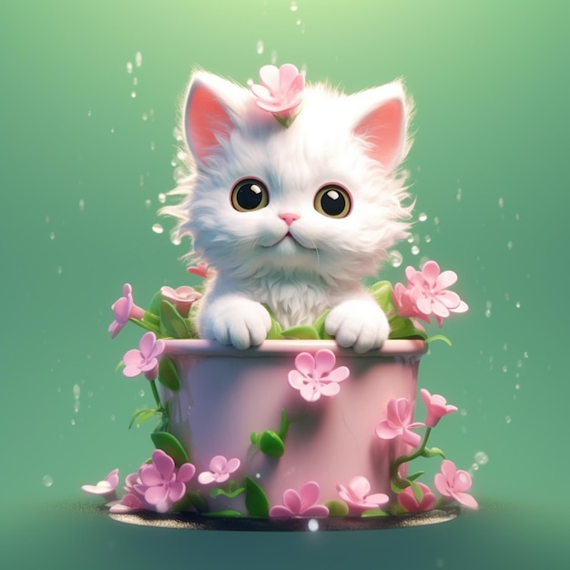 There is a white cat sitting in a flower pot generative ai