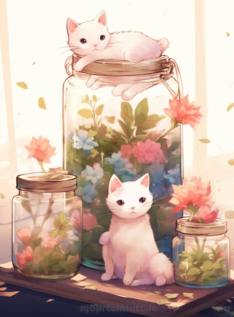 There is a white cat sitting on a table next to a jar of flowers generative ai