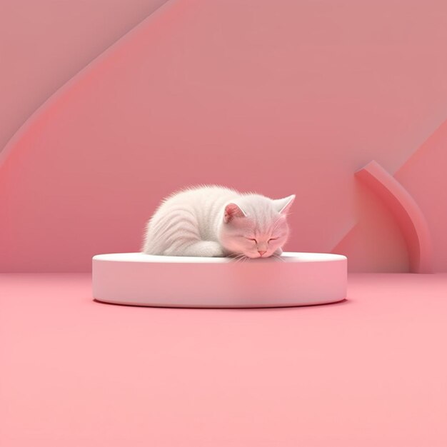 There is a white cat that is sleeping on a white platform generative ai