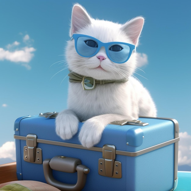 There is a white cat wearing sunglasses sitting on a blue suitcase generative ai