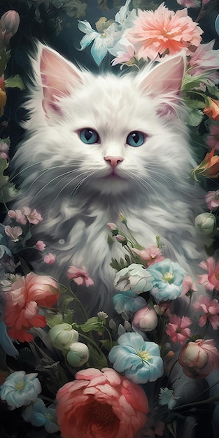 There is a white cat with blue eyes sitting in a flowery frame generative ai