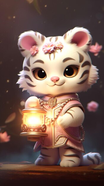 There is a white cat with a lantern in its hand generative ai