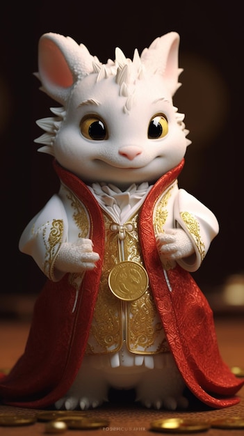 There is a white cat with a red cape and gold coins generative ai