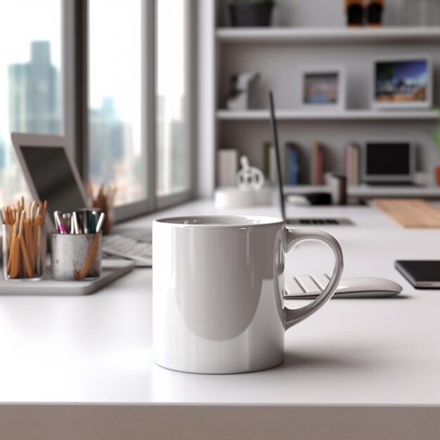 There is a white coffee cup sitting on a desk with a laptop generative ai